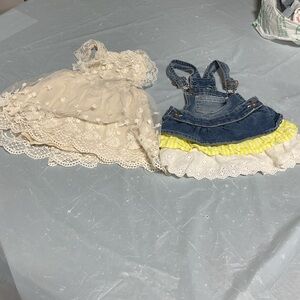 wonder nation Cream Lace Dress & Denim Yellow-Trim Overall Skirt Set